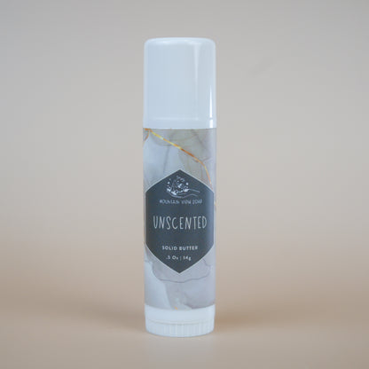 unscented solid body butter stick from mountain view soap co